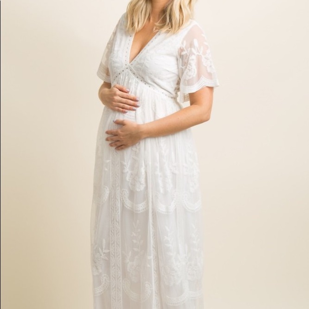 White Lace Mesh Overlay Maternity Maxi Dress